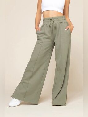 PopFlex Perfect Plane Wide Slit Leg Pants in Light Sage Green, Women’s Small
